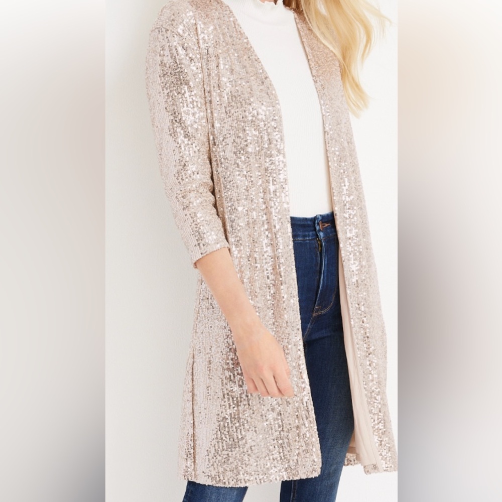 Maurice’s  longer cardigan XS  NWT special Occassion gold sequin duster